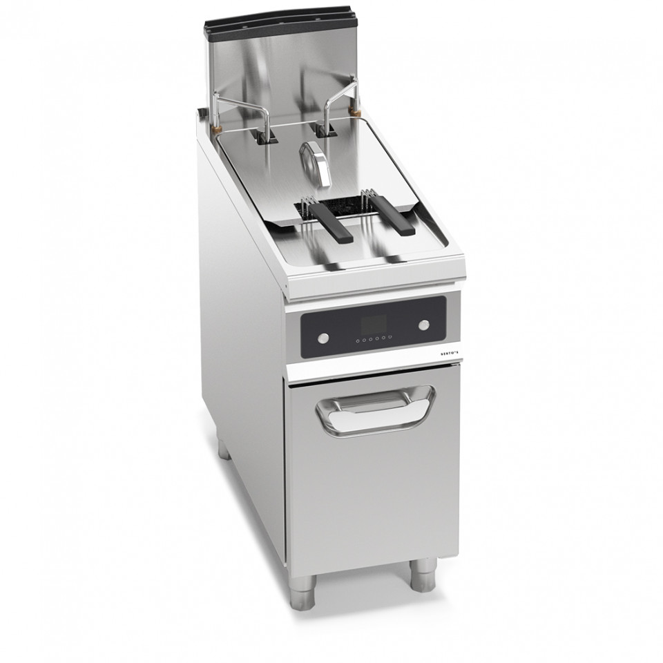 GAS FRYER WITH CABINET - SINGLE TANK 20 L - AUTOMATIC BASKET LIFTER - OIL FILTERING